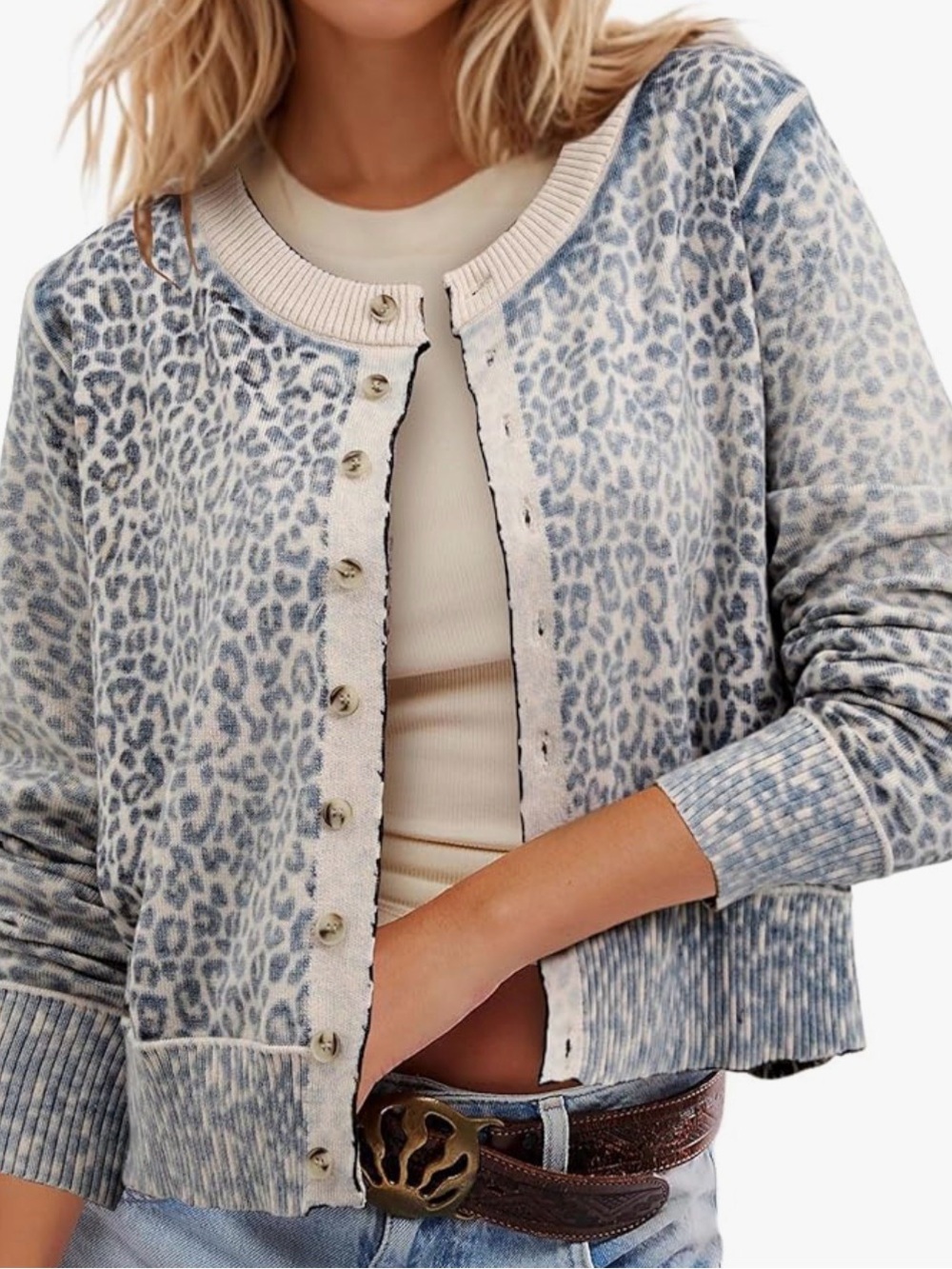 Blue and Cream Leopard Print Button-Up Cardigan